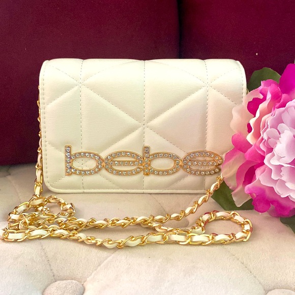bebe Handbags - bebe Zaza Flap Crossbody, White & Gold w/ Diamond Logo